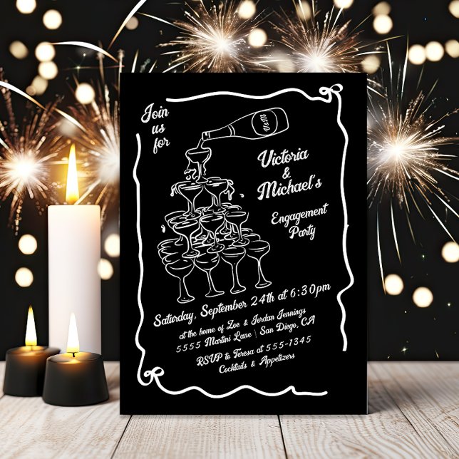 Invitation Partie d'engagement de la pile de champagne tirée  (Créateur téléchargé)