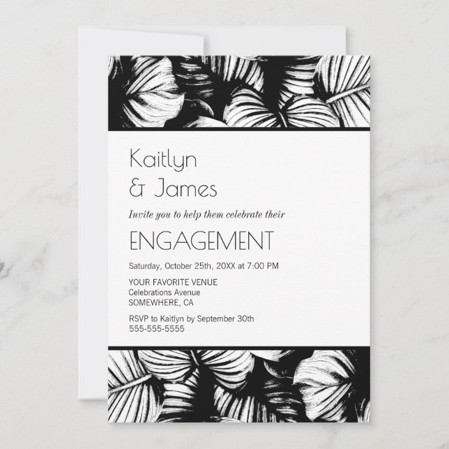 Invitation Partie d'engagement de palme tropicale noire et bl (Devant)