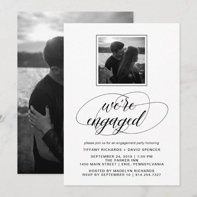 Invitation Partie d'engagement de script noir et blanc (Devant / Derrière)