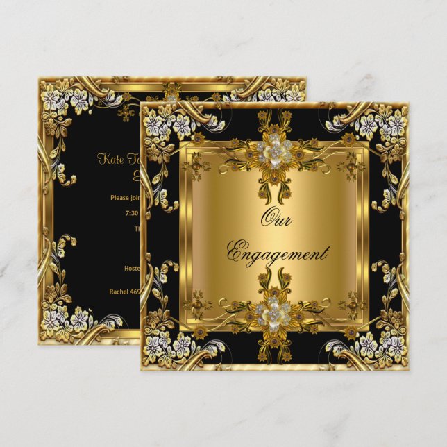 Invitation Partie d'engagement Elegant or fleuri Bijou noir (Devant / Derrière)