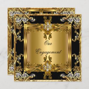 Invitation Partie d'engagement Elegant or fleuri Bijou noir