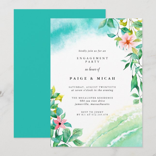 Invitation Partie d'engagement en aquarelle botanique tropica (Devant / Derrière)