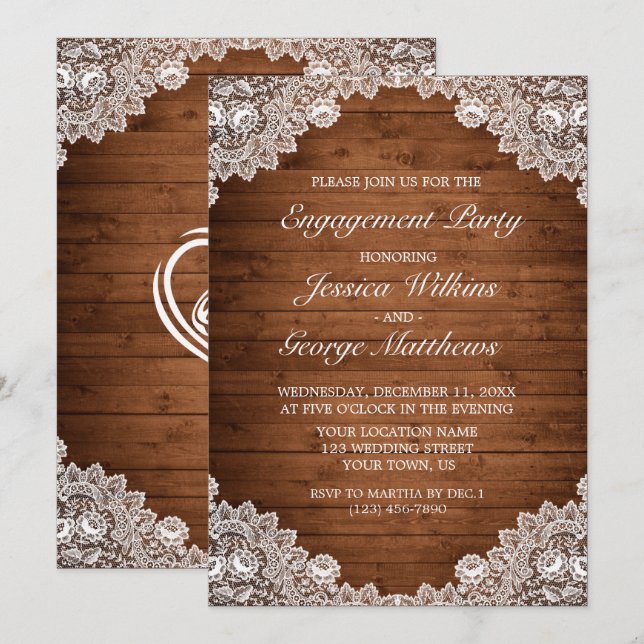 Invitation Partie d'engagement en bois et dentelle blanc rust (Devant / Derrière)