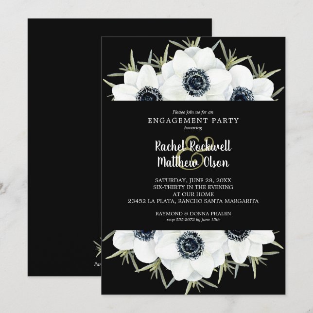 Invitation Partie d'engagement floral noir et blanc (Devant / Derrière)
