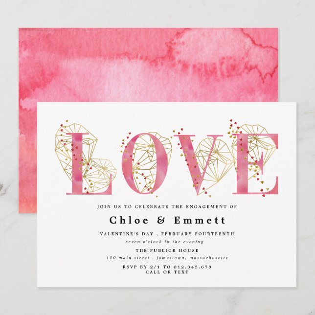 Invitation Partie d'engagement géométrique Coeur d'or rose (Devant / Derrière)