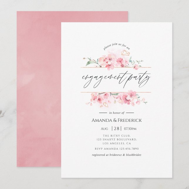 Invitation Partie d'engagement géométrique en fleurs de ceris (Devant / Derrière)