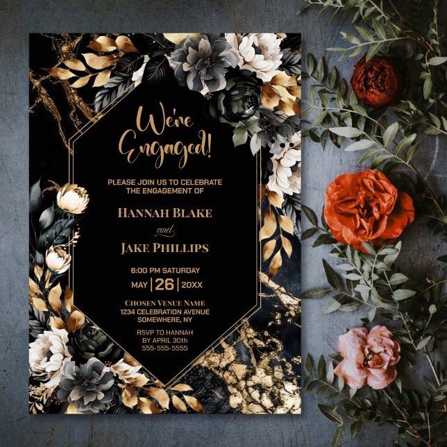 Invitation Partie d'engagement géométrique Floral d'or noir (Créateur téléchargé)