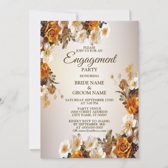 Invitation Partie d'engagement Golden Orange Blanc Floral Rus (Devant)