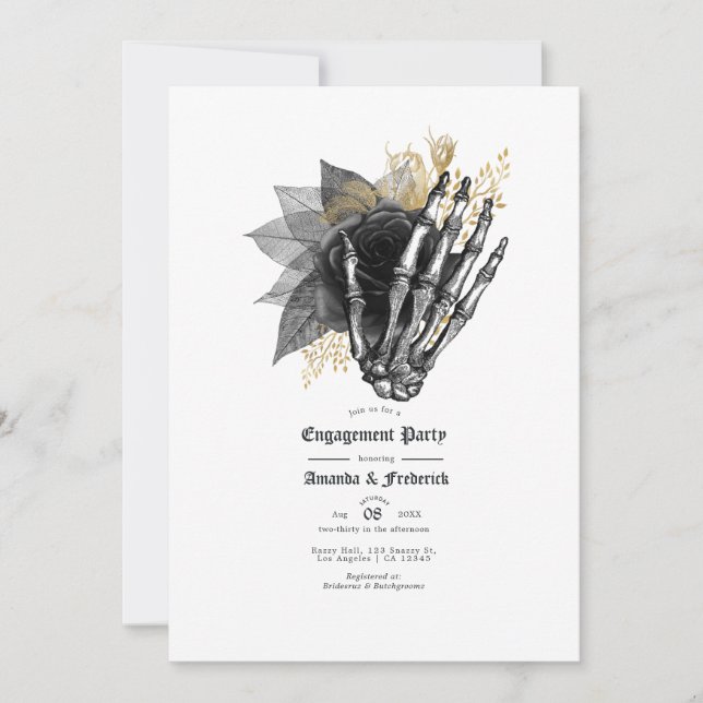Invitation Partie d'engagement gothique florale noire et or (Devant)