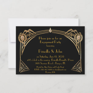 Invitation Partie d'engagement, grand Gatsby, art déco, noir