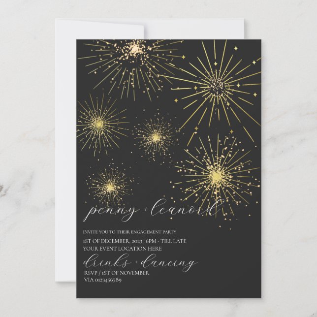 Invitation Partie d'engagement minimaliste Black Gold Firewor (Devant)