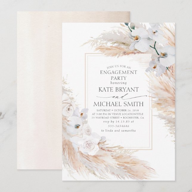 Invitation Partie d'engagement Pampas Grass et Orchidées Blan (Devant / Derrière)