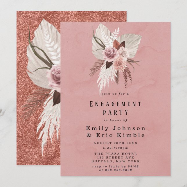 Invitation Partie d'engagement Pampas Tropicale de Blush et d (Devant / Derrière)