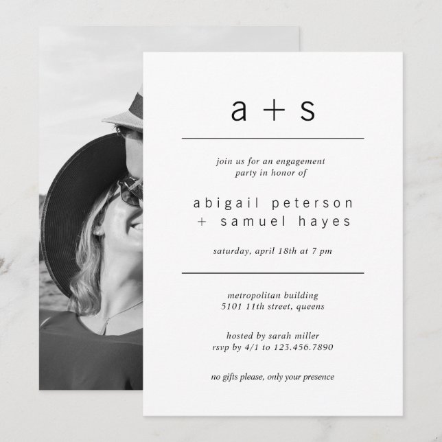 Invitation Partie d'engagement photo monogramme minimaliste (Devant / Derrière)