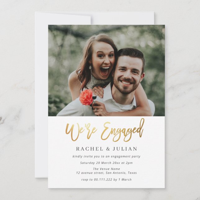 Invitation Partie d'engagement photo texte Gold stylisé  (Devant)
