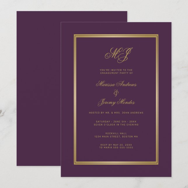 Invitation Partie d'engagement pour le Monogramme d'or violet (Devant / Derrière)