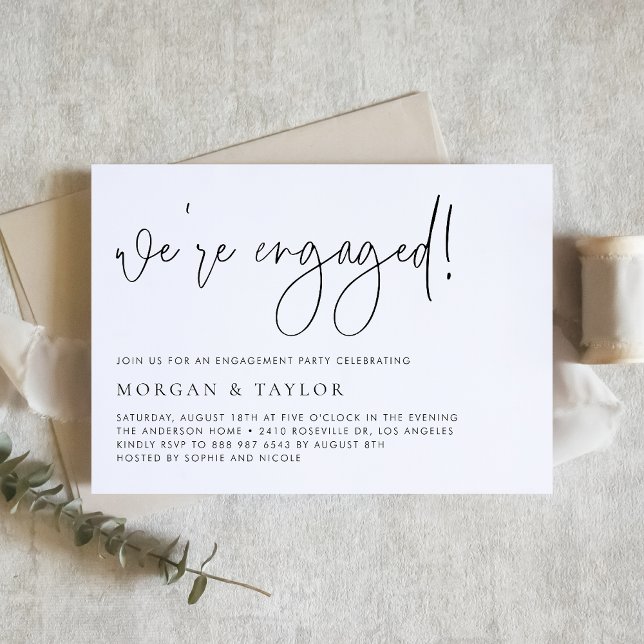 Invitation Partie d'engagement pour le script manuscrit noir  (This minimalist engagement party invitation features modern calligraphy and a clean layout.)