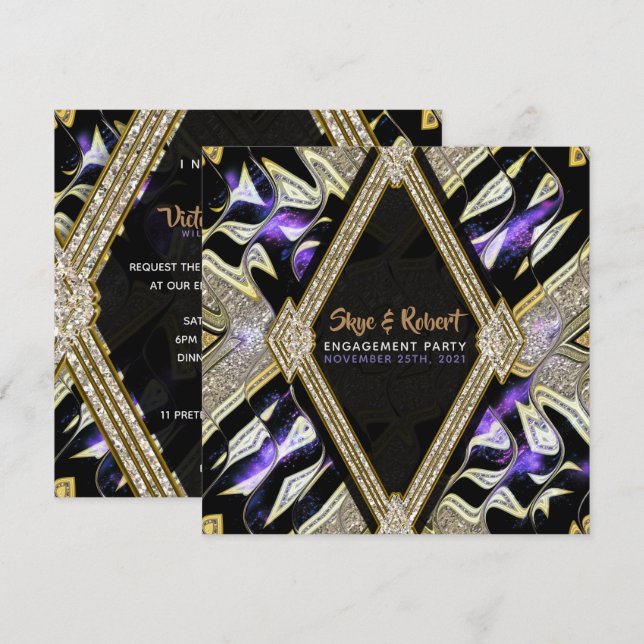 Invitation Partie d'engagement pour l'or et le glamour noir v (Devant / Derrière)