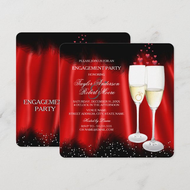 Invitation Partie d'engagement Red Black Champagne Anneau Coe (Devant / Derrière)