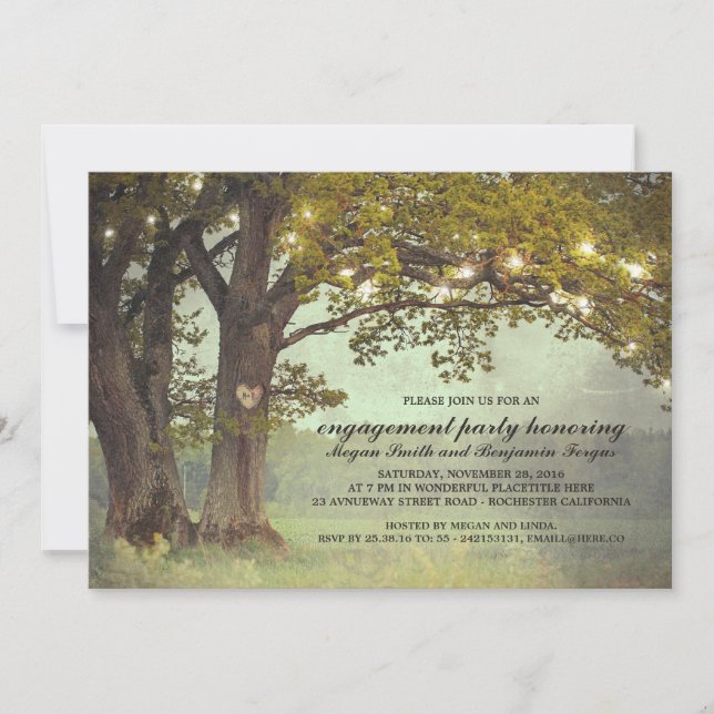 Invitation Partie d'engagement romantique en chêne rustique (Devant)