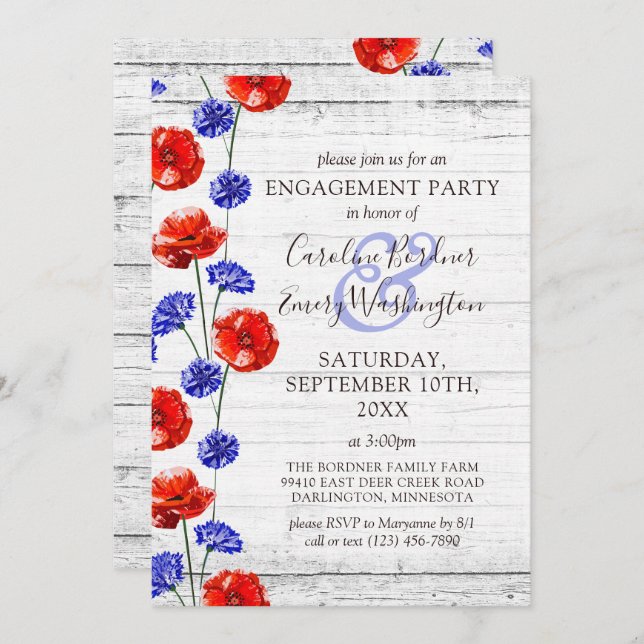 Invitation Partie d'engagement Rustic Wood & Red Poppy Countr (Devant / Derrière)