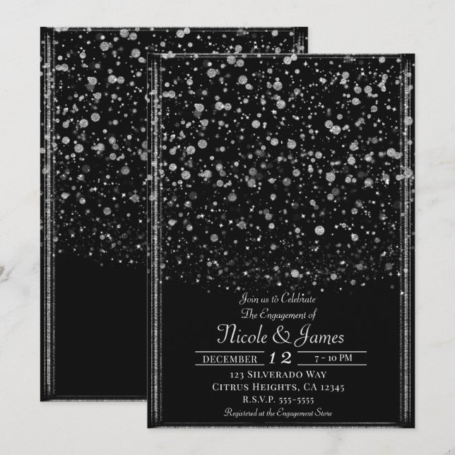 Invitation Partie d'engagement Silver & Black Confetti Splatt (Devant / Derrière)