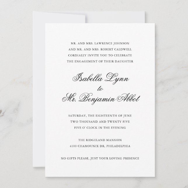 Invitation Partie d'engagement traditionnelle noire et blanch (Devant)