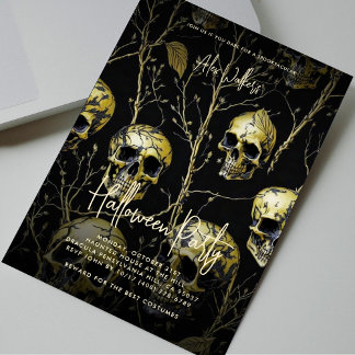 Invitation Partie d'Halloween Adulte Noir Crâne d'or moderne