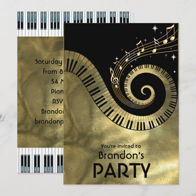 Invitation Partie d'or de clés de piano et de notes de (Devant / Derrière)