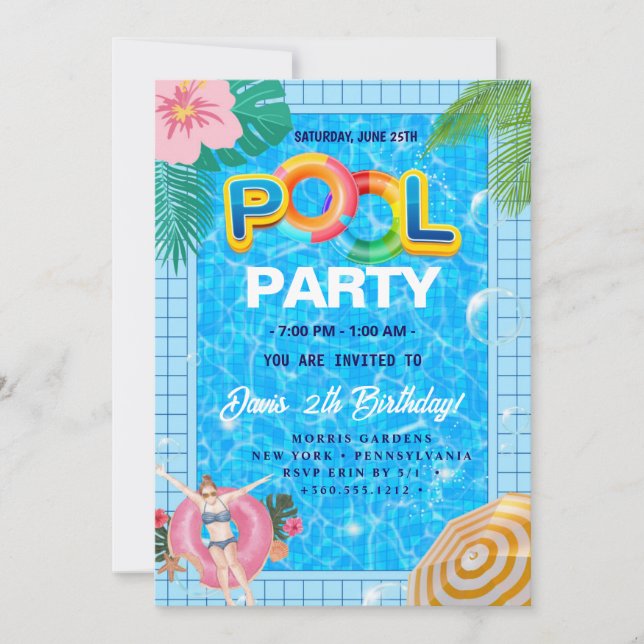 Invitation Partie du pool | Nage Anniversaire (Devant)