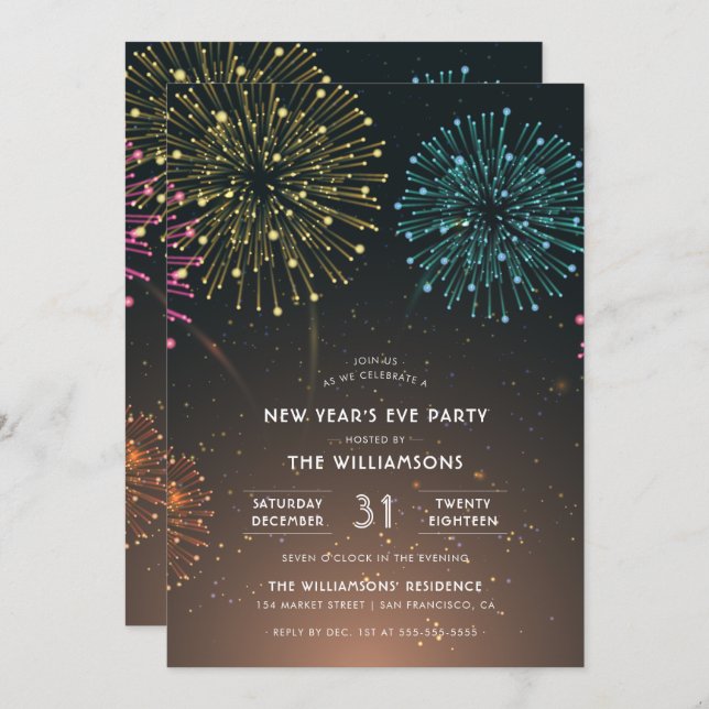 Invitation Partie Fireworks | Typographie moderne fête du Nou (Devant / Derrière)
