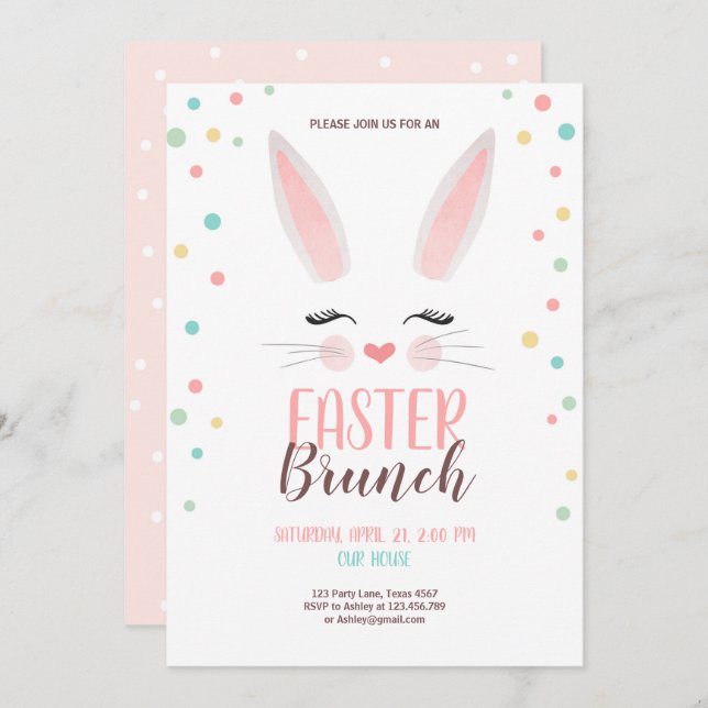 Invitation Partie mignonne de brunch de Pâques de lapin de (Devant / Derrière)