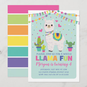 Invitation Partie mignonne de fiesta d'alpaga d'arc-en-ciel