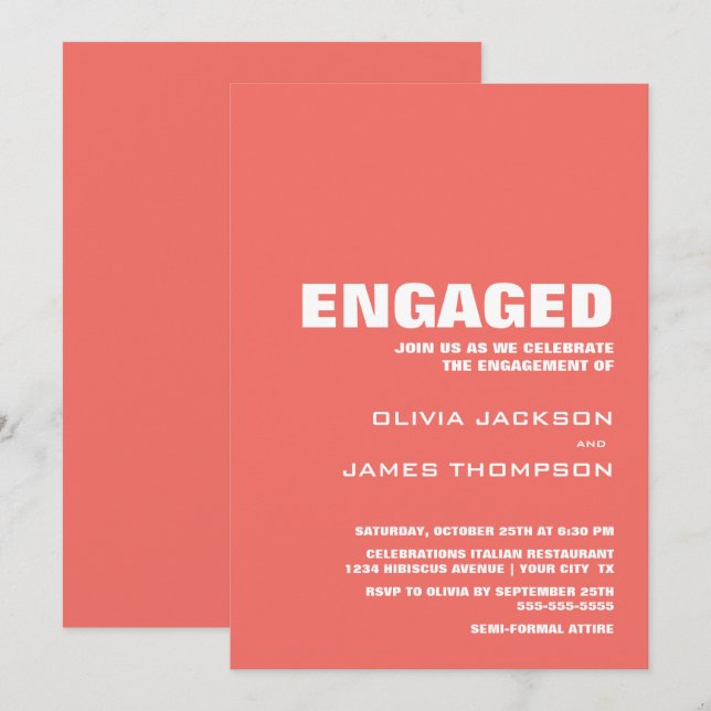 Invitation Partie minimaliste moderne d'engagement corallien (Devant / Derrière)