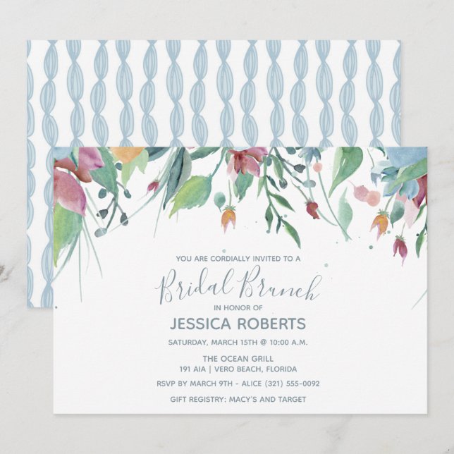 Invitation Partie nuptiale bleue florale de brunch (Devant / Derrière)