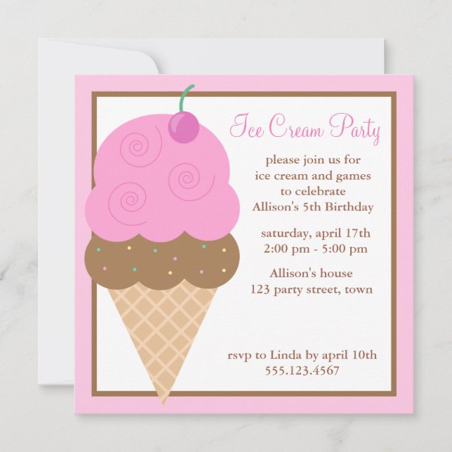 Invitation Partie rose d'anniversaire de enfant de cornet de (Devant)