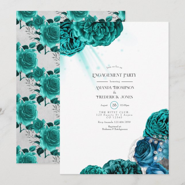 Invitation Partie turquoise et Silver Floral Mariage Engageme (Devant / Derrière)