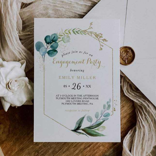Invitation Partie vintage d'engagement Gold et Green Eucalypt (Créateur téléchargé)