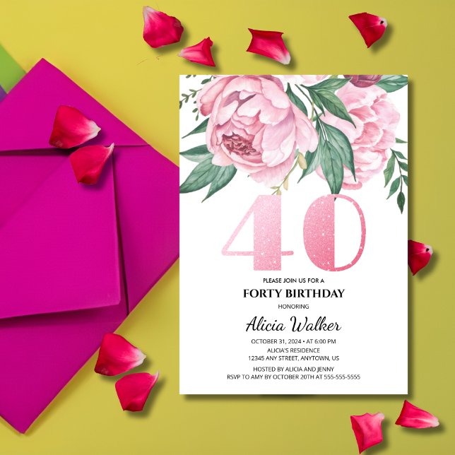 Invitation Parties scintillant 40e pivoine rose verdure fleur (Créateur téléchargé)