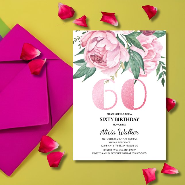 Invitation Parties scintillant 60e pivoine rose verdure fleur (Créateur téléchargé)