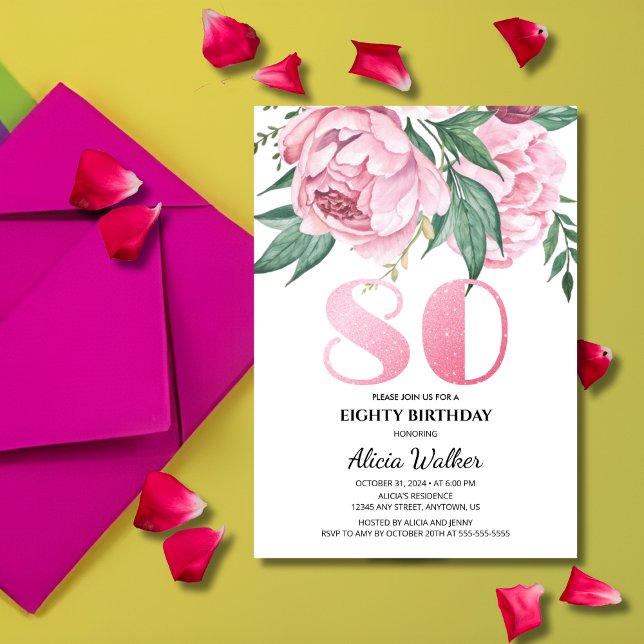 Invitation Parties scintillant 80e pivoine rose verdure fleur (Créateur téléchargé)