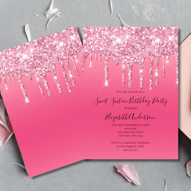 Invitation Parties scintillant à goutte rose Fille tendance c (Pink Dripping Glitter Sweet 16 Birthday ( or any year ) Birthday Invitation for her. Girls Glam )