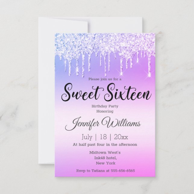 Invitation parties scintillant à goutte rose sweet sixteen (Devant)