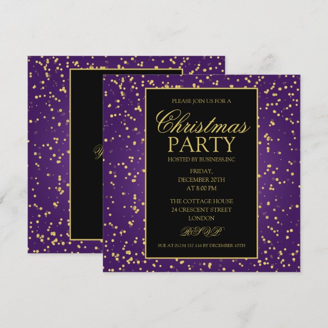 Invitation Parties scintillant à huile violet or points Noël (Devant / Derrière)
