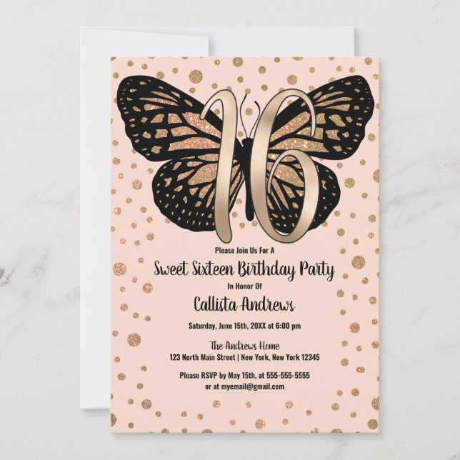 Invitation Parties scintillant à papillon rose or Confetti Sw (Devant)