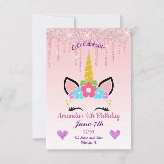 Invitation Parties scintillant à séchage rose/Unicorne floral (Devant)