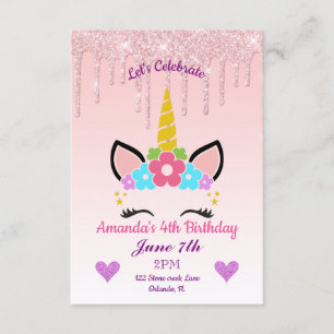 Invitation Parties scintillant à séchage rose/Unicorne floral