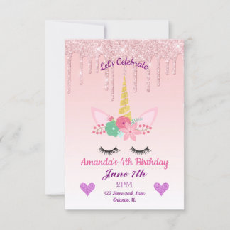Invitation Parties scintillant à séchage rose/Unicorne floral