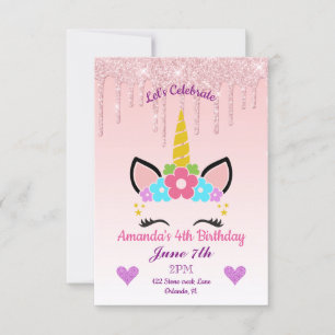 Invitation Parties scintillant à séchage rose/Unicorne floral
