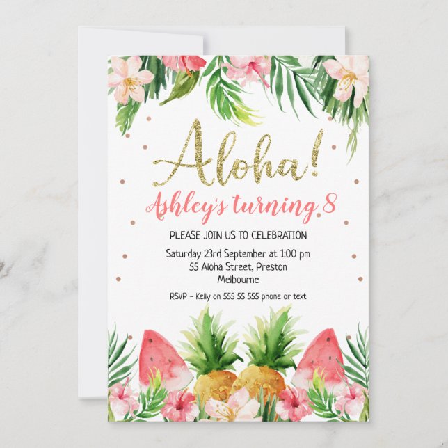 Invitation Parties scintillant Aloha Tropical Floral Et Fruit (Devant)